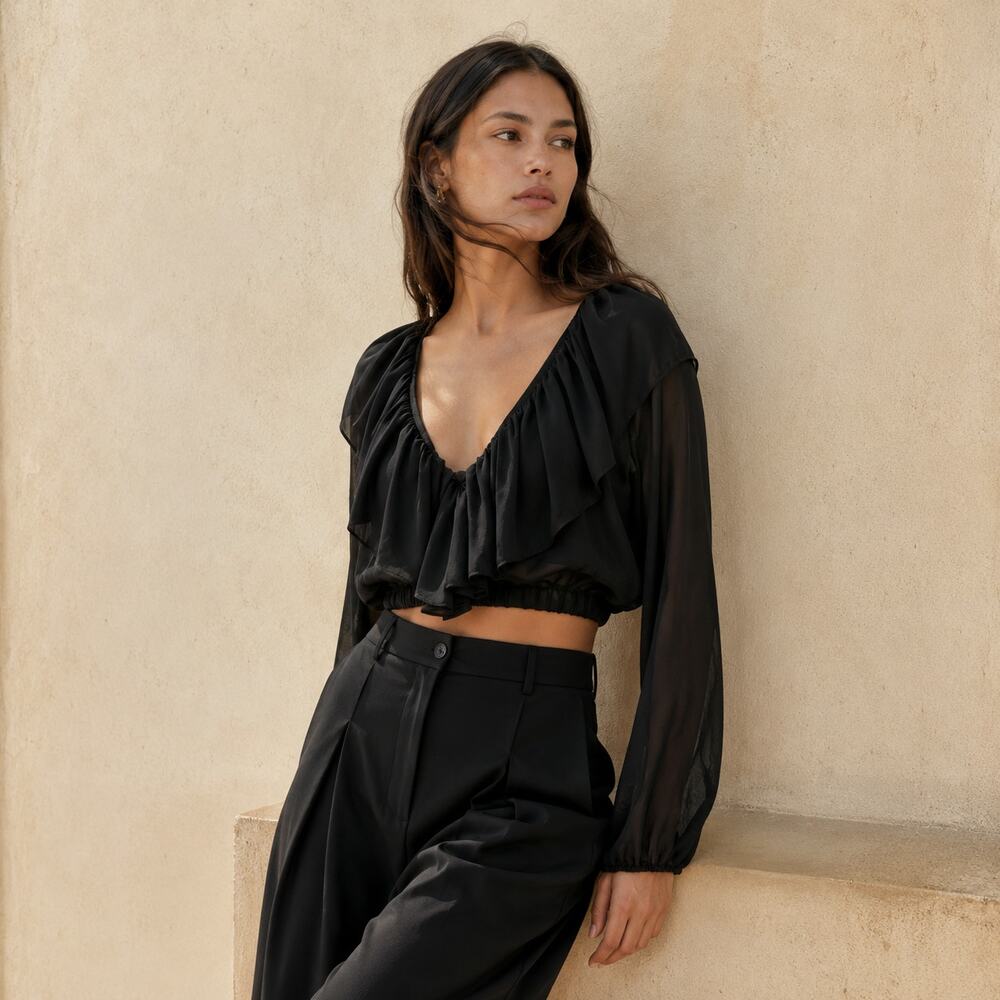 NWT Aniye By Black/Nero Sheer Cruz Crop Blouse Top, size S